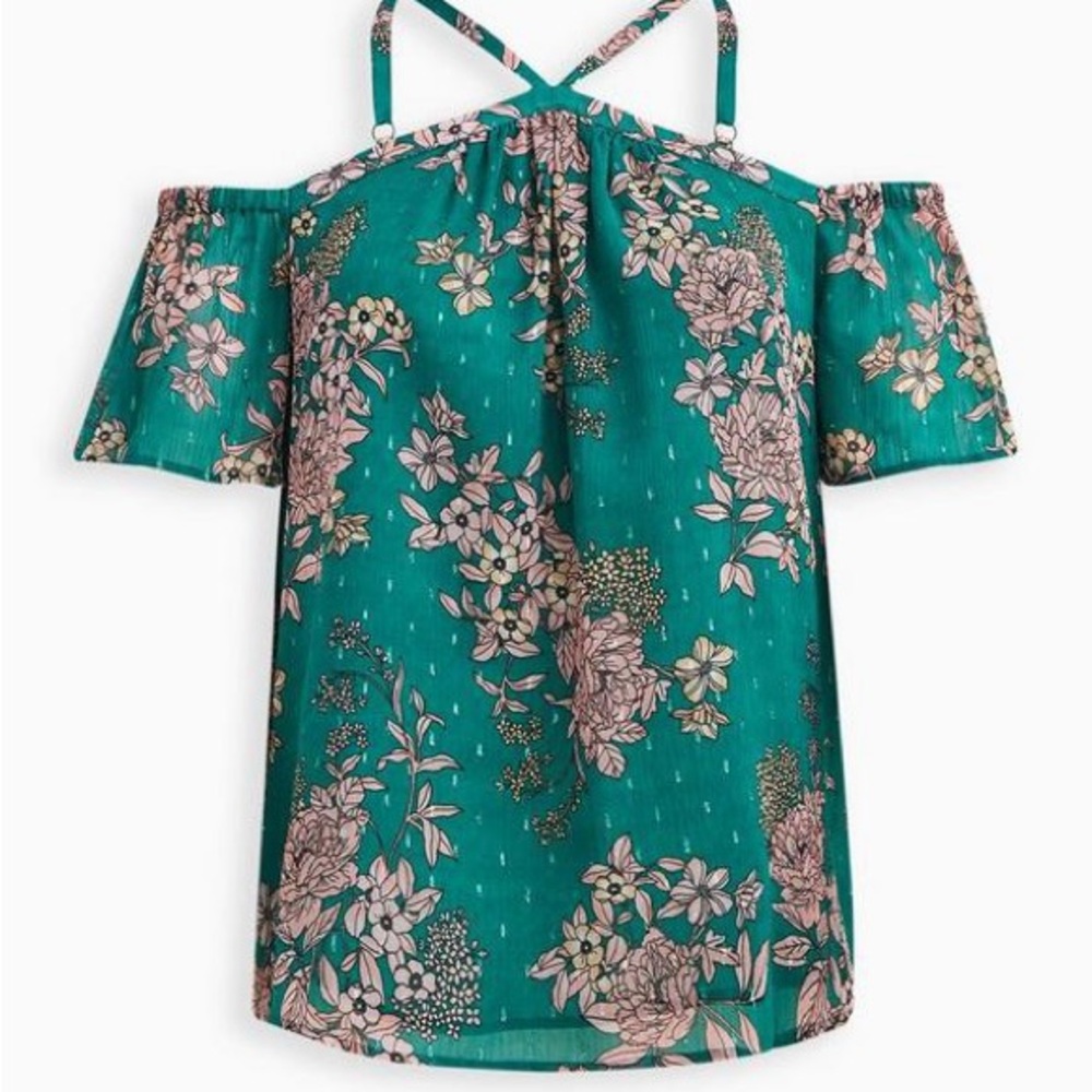 Torrid Cold Shoulder Halter Top - Crinkle Chiffon Floral Green Size L